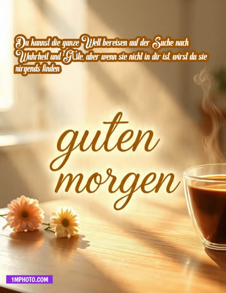 Guten Morgen Bild mit Kaffeetasse, Trockenblumen und Spruch über Erfolg und harte Arbei