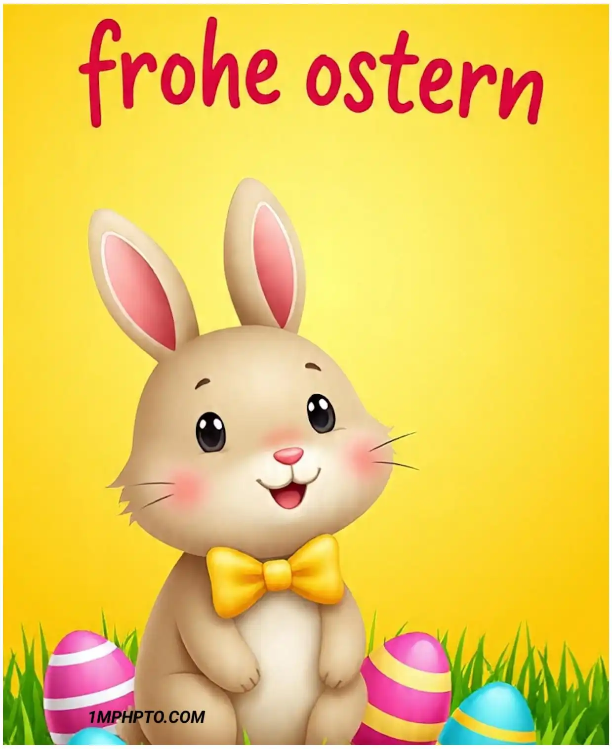 Ein Bilder von einem gelben Kaninchen, das im Gras sitzt und euch allen frohe Ostern wünscht