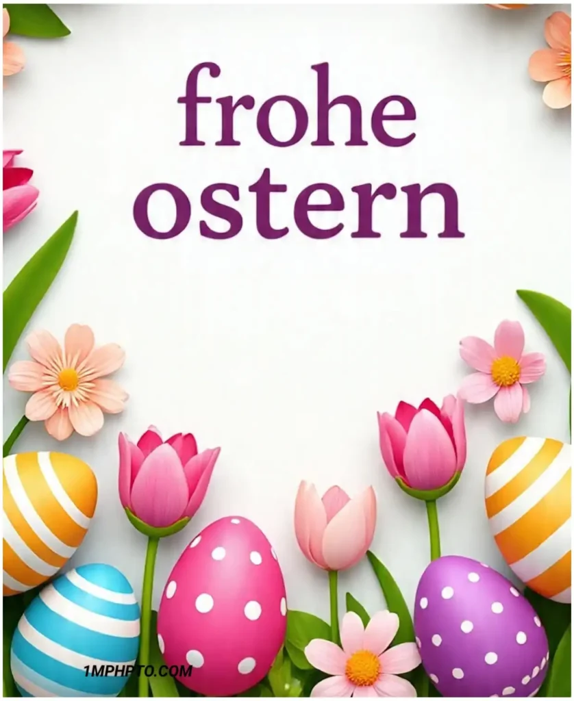 Mit schönen, bunten Eiern steht auf dem Bilder Frohe Ostern
