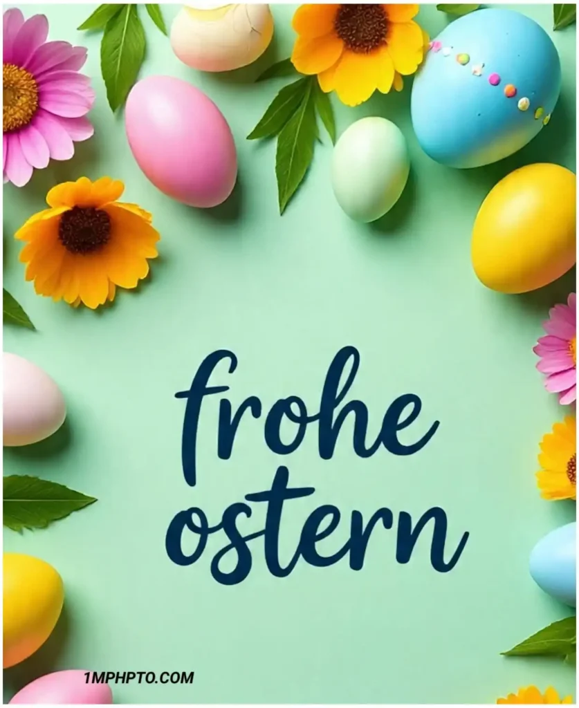 Mit schönen, bunten Eiern steht auf dem Bilder Frohe Ostern
