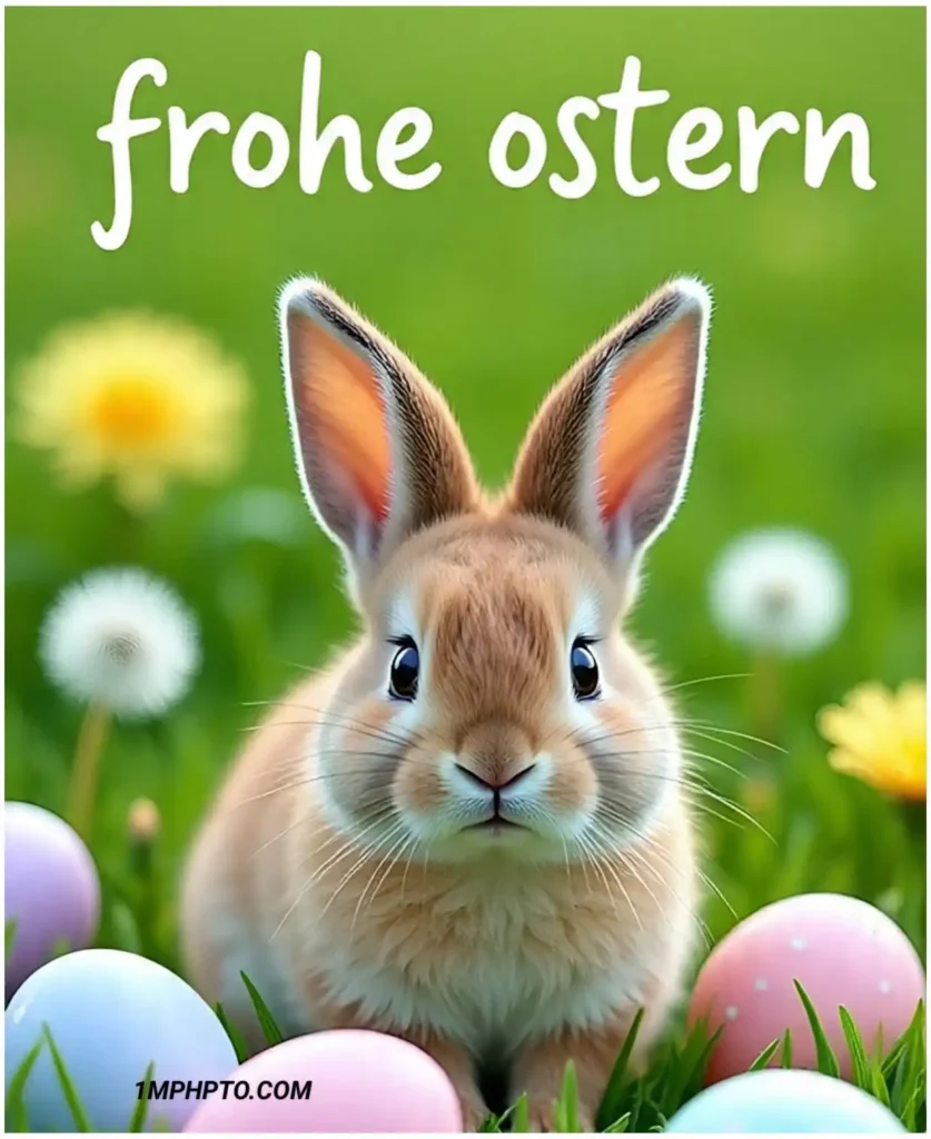 Ein Hase sitzt auf Gras umgeben von bunten Eiern, und auf dem Bilder steht Frohe Ostern