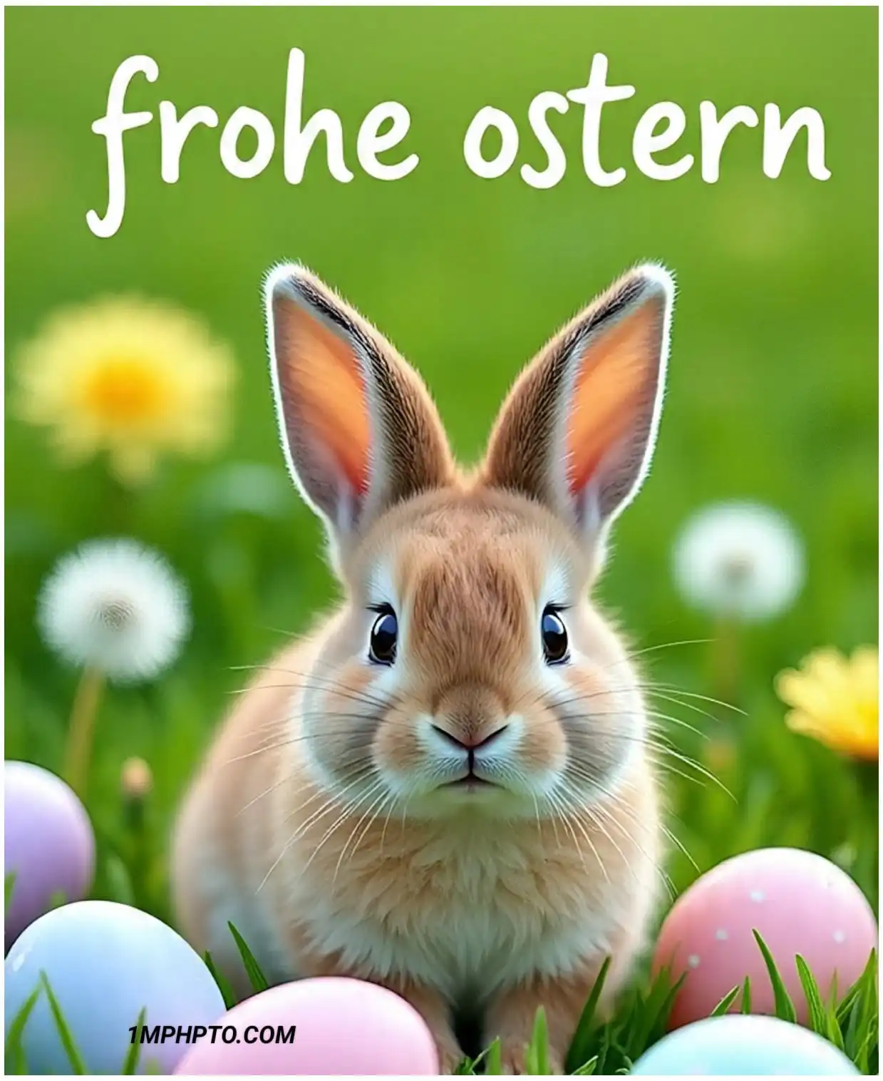 Ein Hase sitzt auf Gras umgeben von bunten Eiern, und auf dem Bilder steht Frohe Ostern