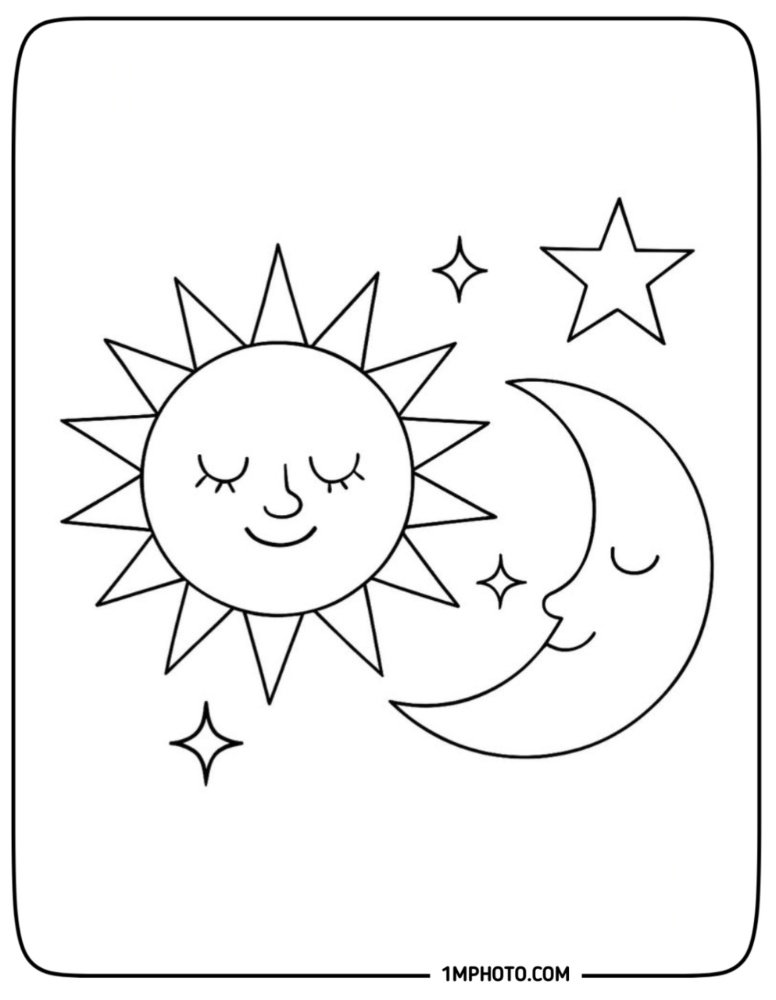 A celestial coloring page showing a sleeping sun and a smiling crescent moon among stars