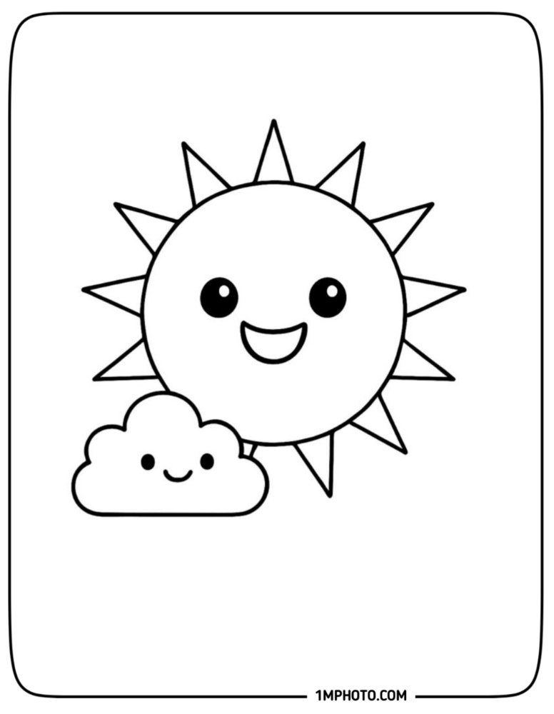 A complete weather coloring sheet with a smiling sun, a raining cloud, and a cute rainbow