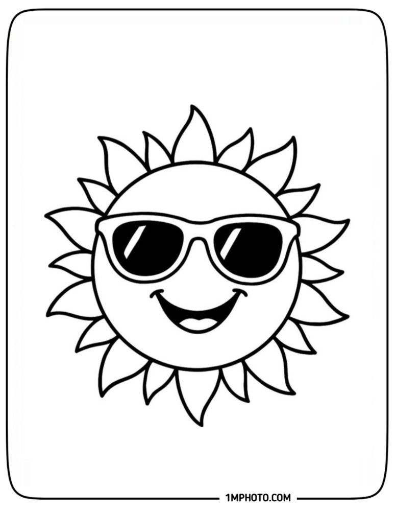 A cool and happy sun wearing stylish sunglasses coloring page with wavy, flame-like radiating rays