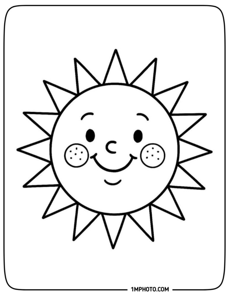 A cute chibi style sun coloring page with large blushing cheeks and curved, leaf-like rays