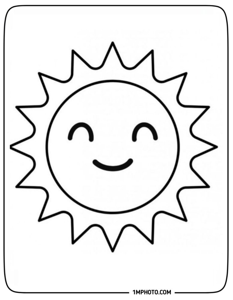 A simple and cute smiling sun coloring page with closed eyes and triangular rays for young kids