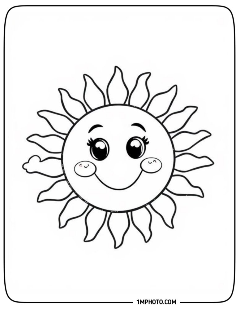 A charming sun coloring page featuring large expressive eyes with eyelashes and rosy cheeks