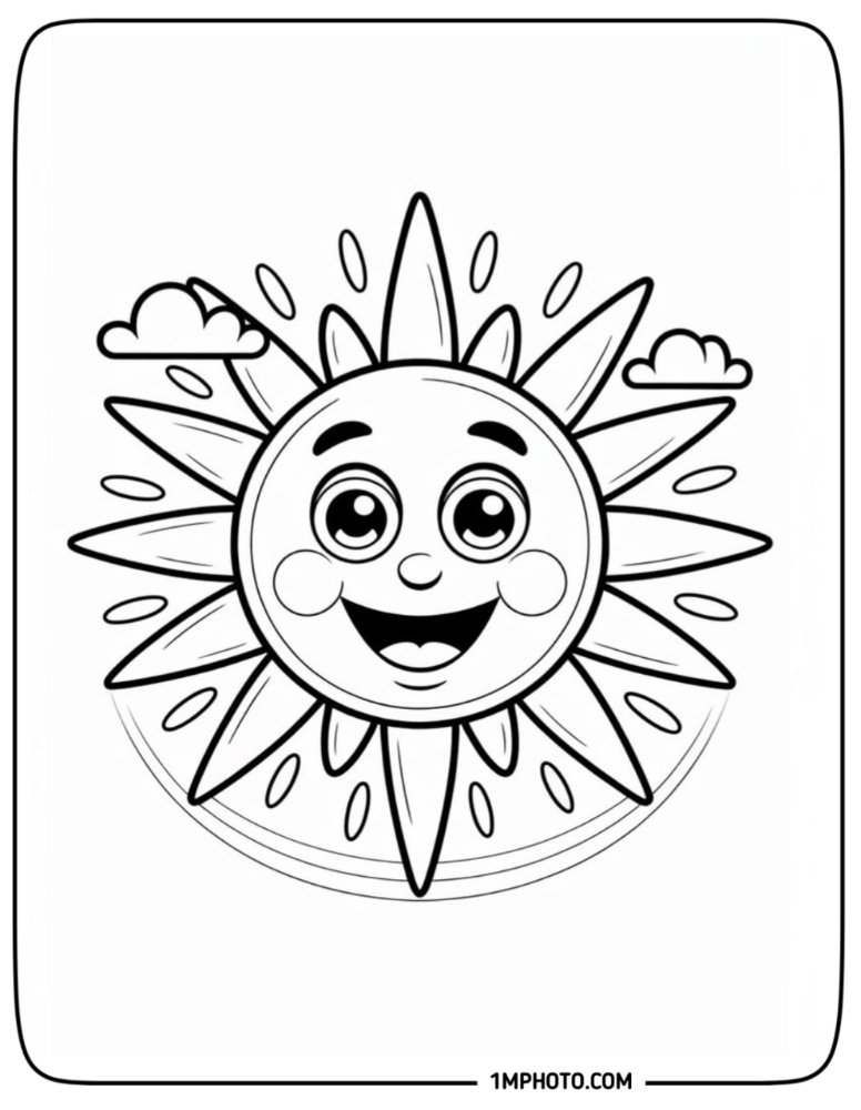 A highly detailed laughing sun coloring page with large shiny eyes, intricate rays, and tiny clouds