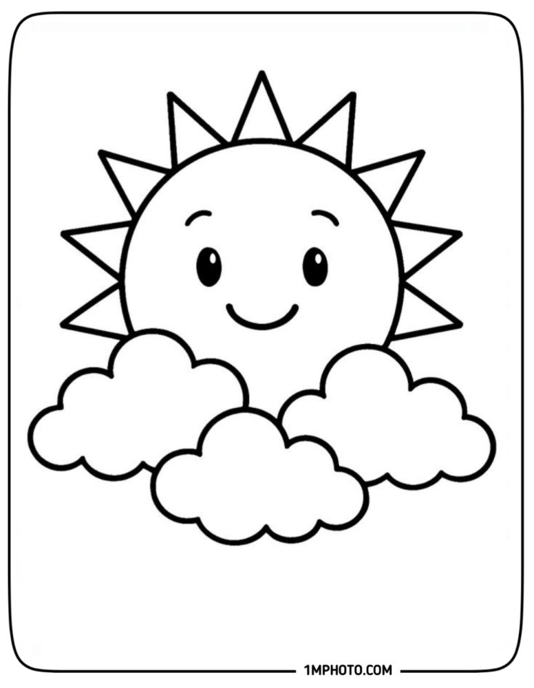A cheerful sun with bright eyes and a sweet smile peeking out from behind three fluffy white clouds