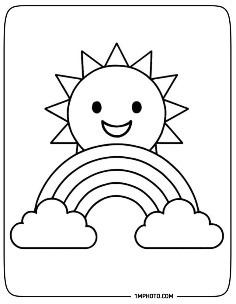 A cheerful smiling sun rising behind a beautiful multi-layered rainbow with two fluffy clouds