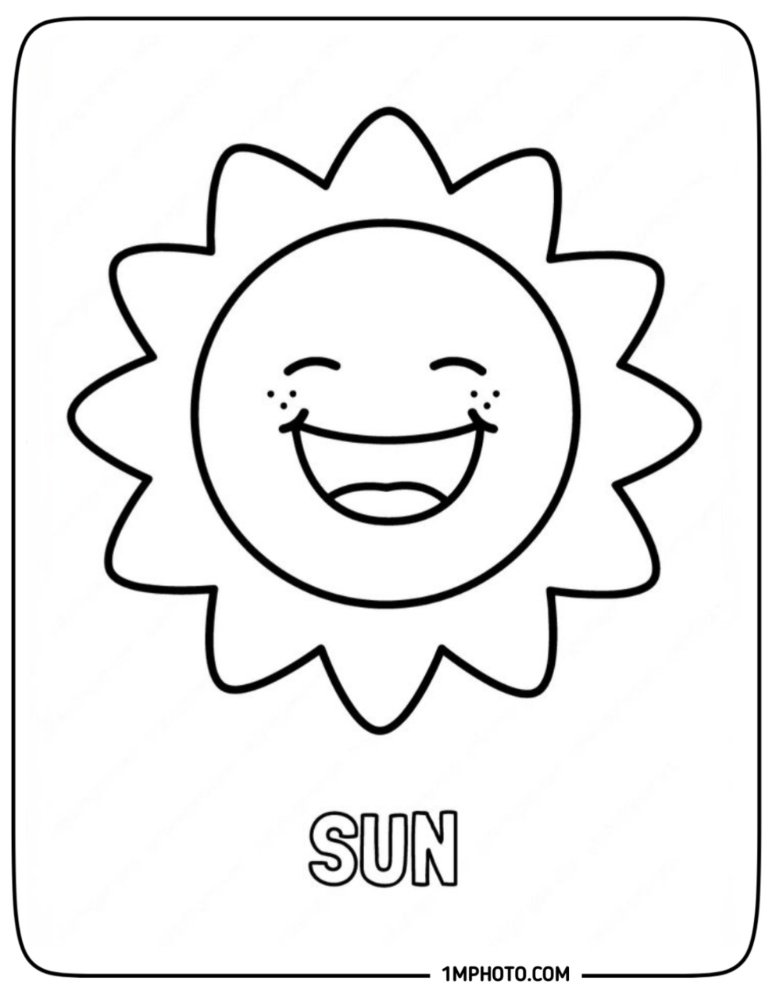 A joyful laughing sun with freckles and wavy borders coloring page with the word SUN at the bottom