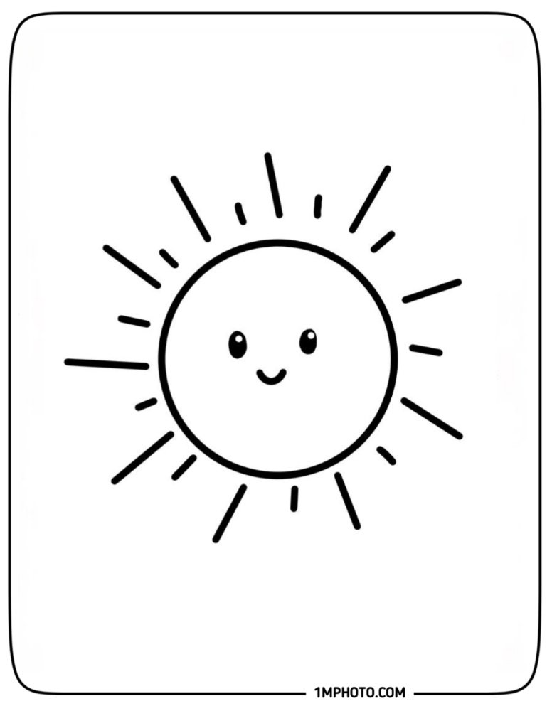A minimalist and easy cute sun coloring page with a tiny smiling face and straight, scattered rays