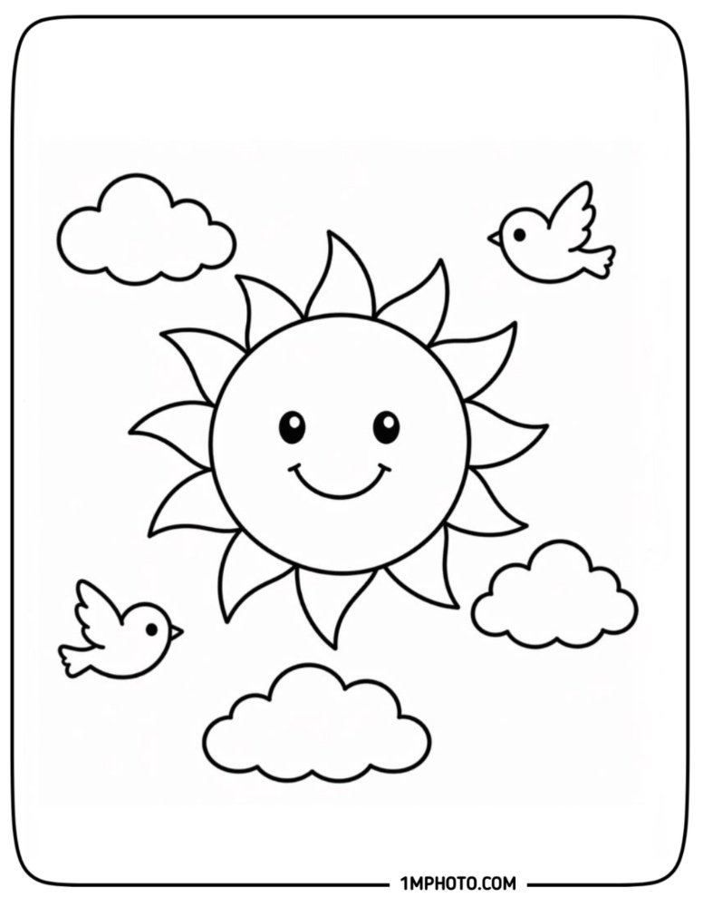 A happy sun coloring page surrounded by fluffy clouds and two cute little birds flying in the sky