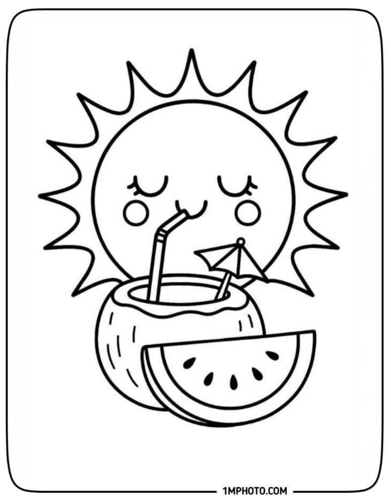 A cute sun enjoying summer by drinking fresh coconut water with a straw next to a watermelon slice