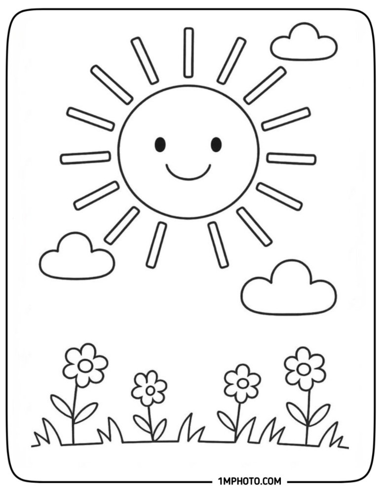 A peaceful coloring page of a smiling sun shining over a grassy field with three blooming flowers