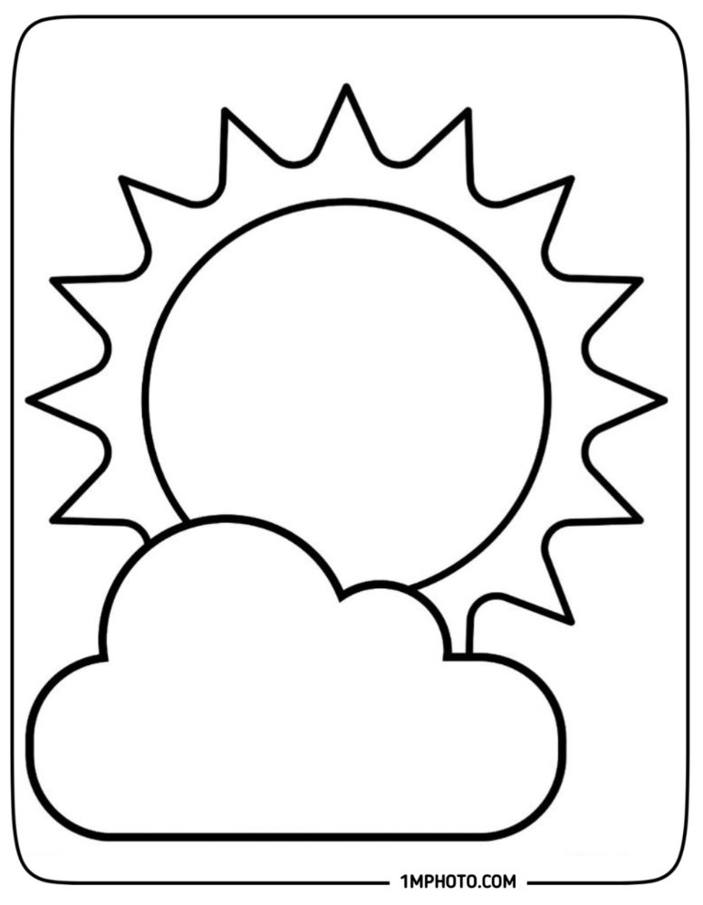 A basic weather coloring page showing a large sun shining behind a big, fluffy cloud