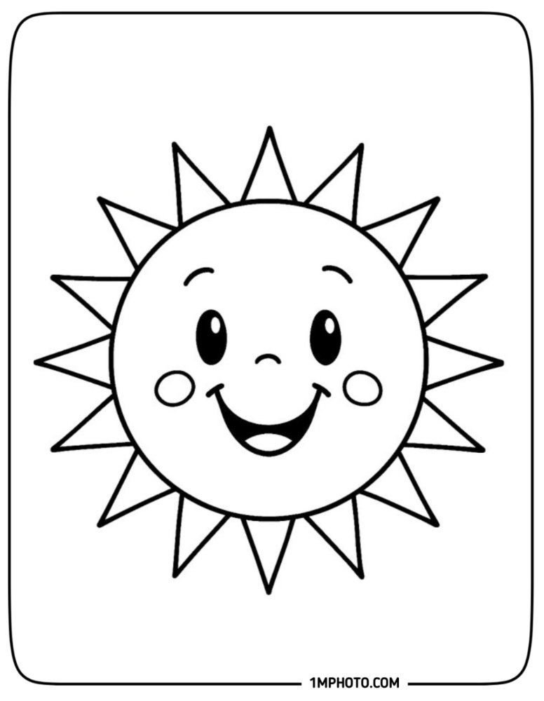 An easy cartoon sun coloring page designed with geometric block rays and a simple smile