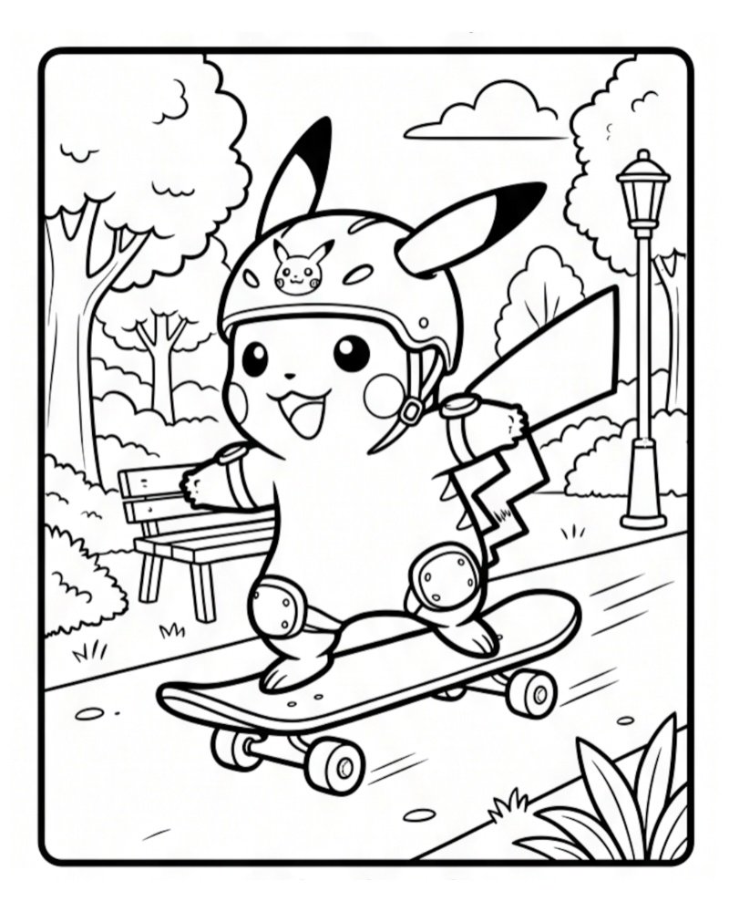 Black and white drawing of Pikachu wearing protective gear, happily skateboarding along a paved trail in a peaceful nature park