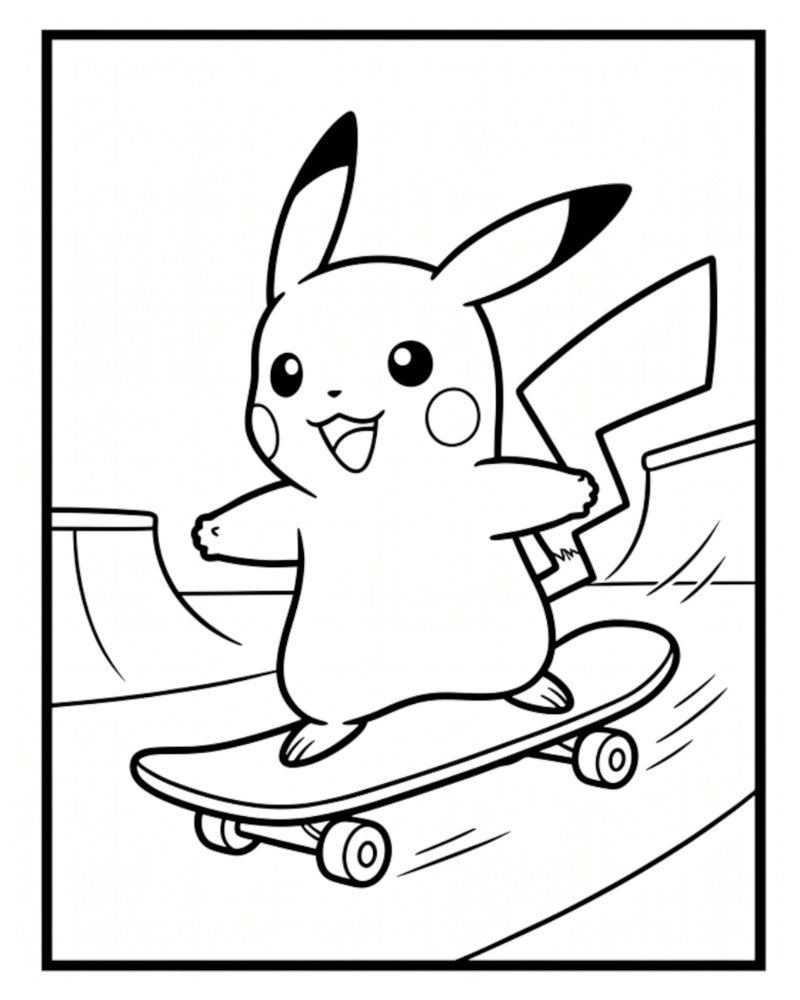 Outline drawing of a smiling Pikachu riding a skateboard down a paved path at a skatepark, balancing with arms out wide