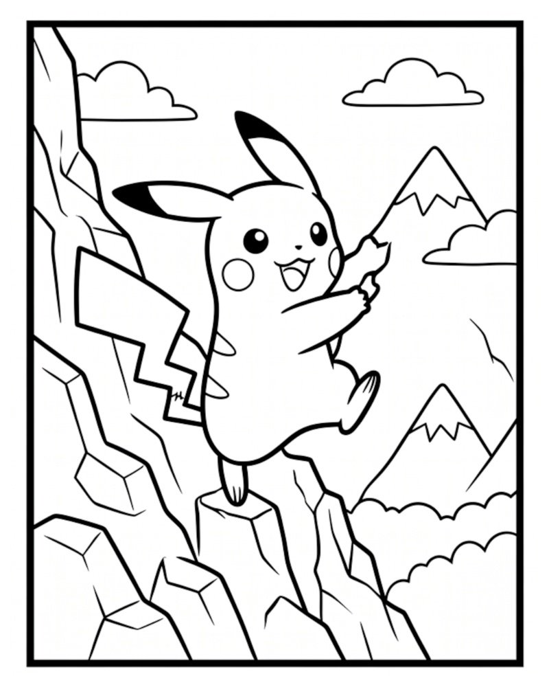 Outline drawing of a happy Pikachu climbing up a steep rocky mountain cliff side with clouds and peaks in the background