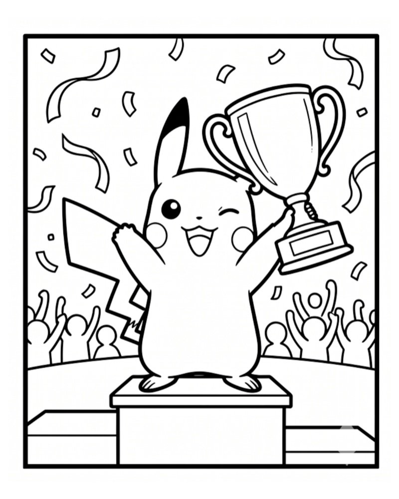 Line art of a winking Pikachu standing on a podium, holding a large champion cup trophy surrounded by cheering fans