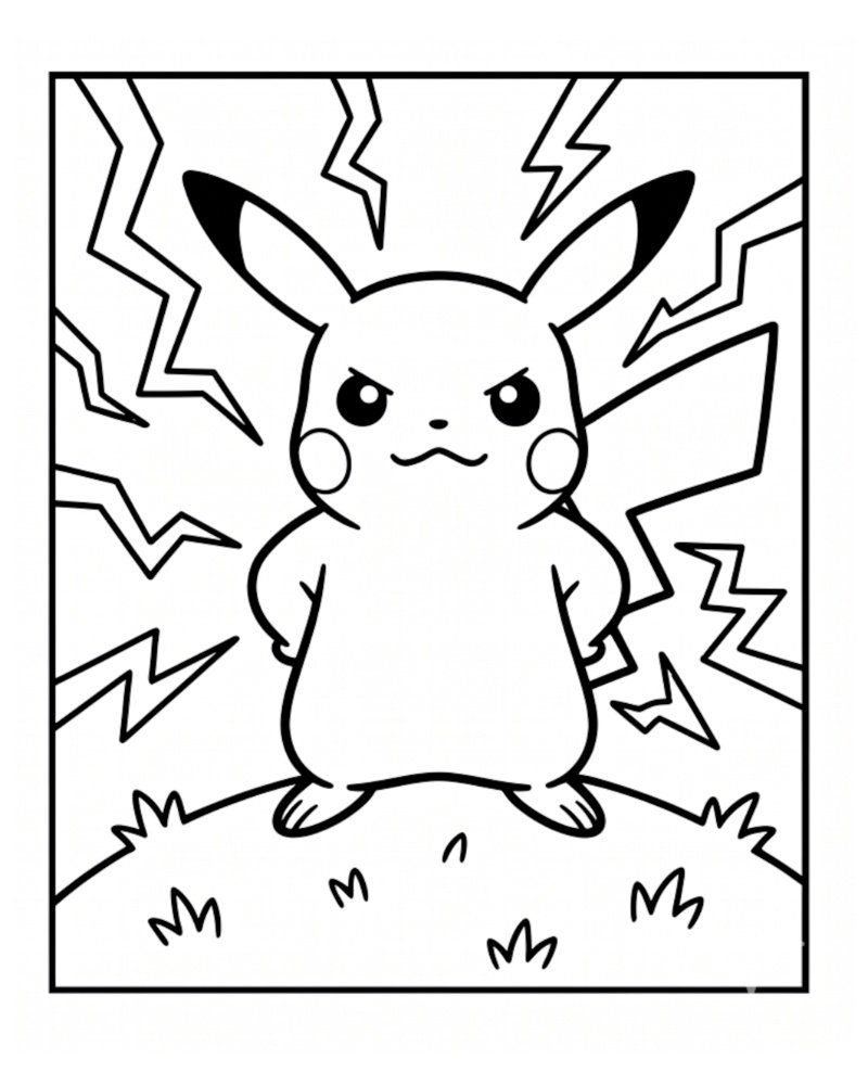 Black and white drawing of a confident Pikachu standing firmly on a grassy hill with sharp lightning bolts radiating behind