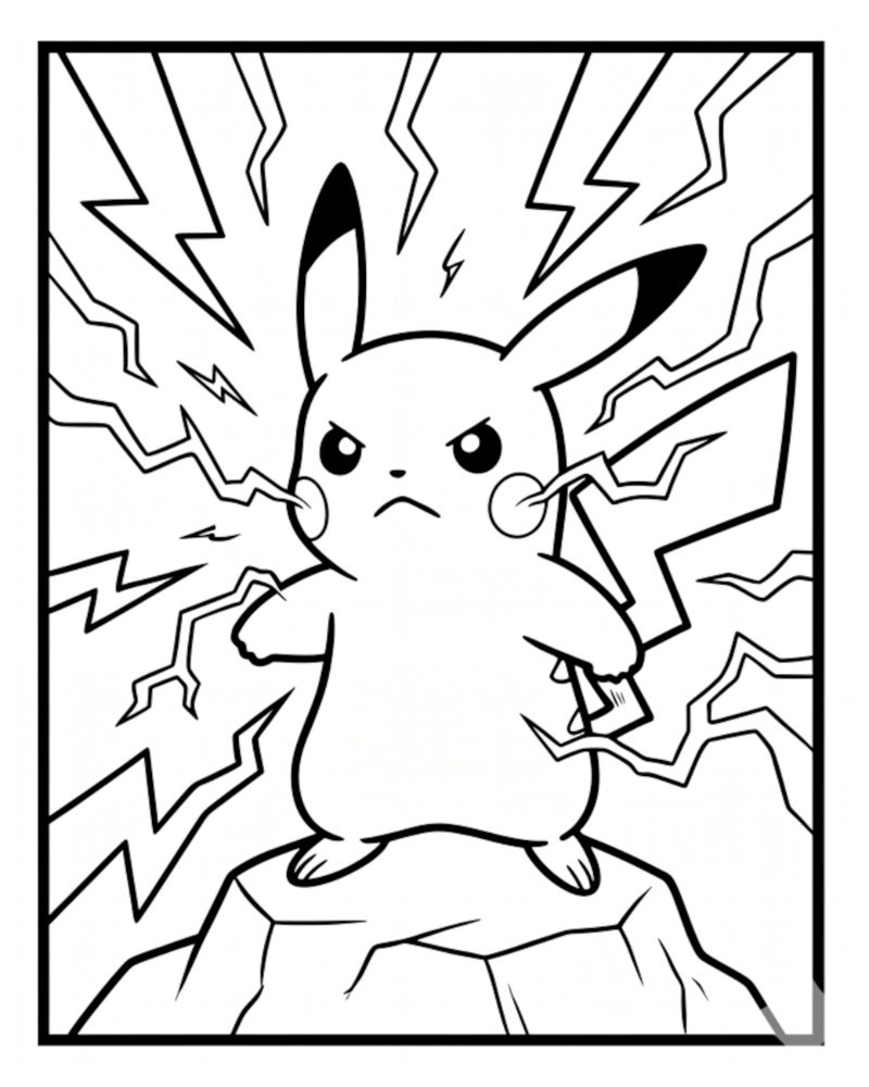 Black and white line art of Pikachu standing on a rock surrounded by jagged lightning bolts, looking angry and powerful