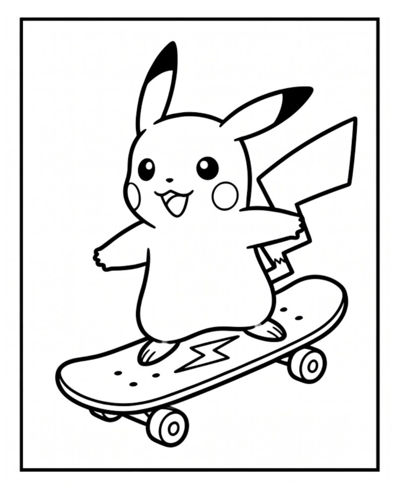 Outline illustration of a happy Pikachu confidently riding a skateboard with a lightning bolt symbol printed on the deck