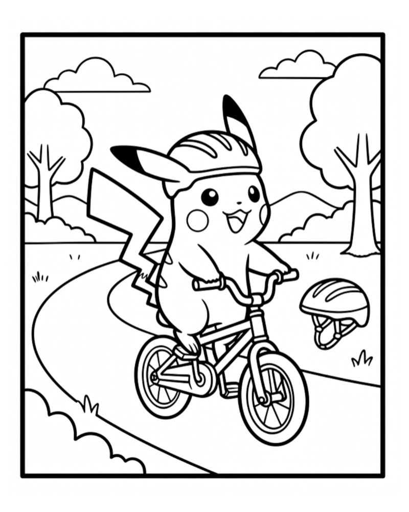 Line art of Pikachu wearing a safety helmet while happily pedaling a bicycle along a winding outdoor trail near trees