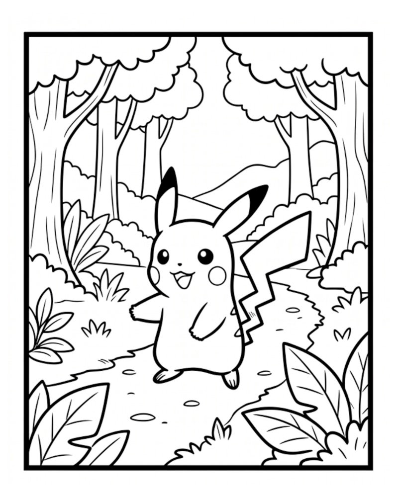 Black and white illustration of a cheerful Pikachu walking along a winding dirt path through a peaceful forest of trees