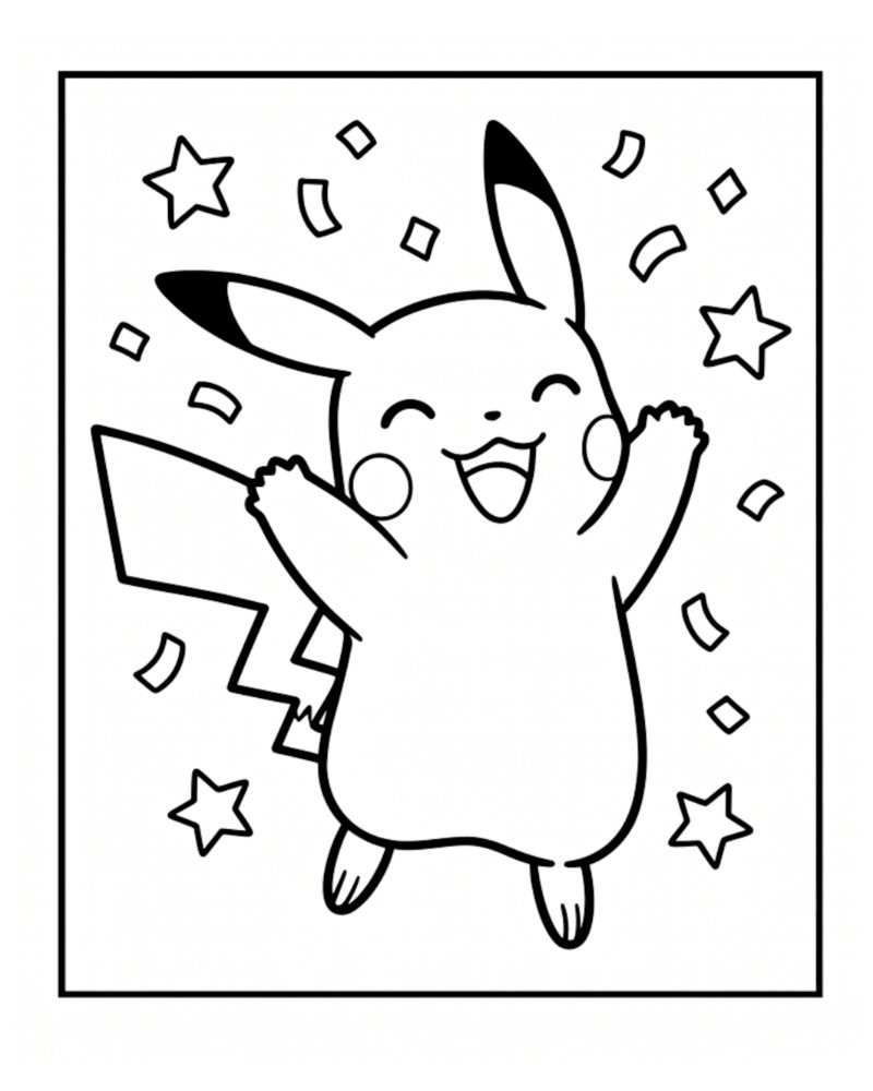 Line art of a very happy Pikachu jumping joyfully into the air surrounded by falling confetti, ribbons, and floating stars