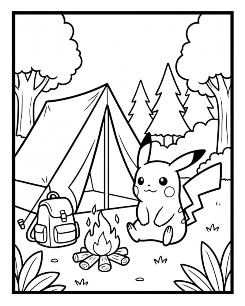Coloring illustration of a cute Pikachu sitting peacefully by a warm campfire next to a pitched tent and a hiking backpack