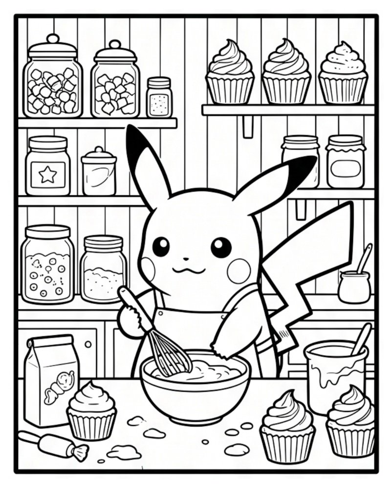 Black and white coloring page of Pikachu wearing an apron, whisking batter in a bowl in a kitchen full of sweet cupcakes