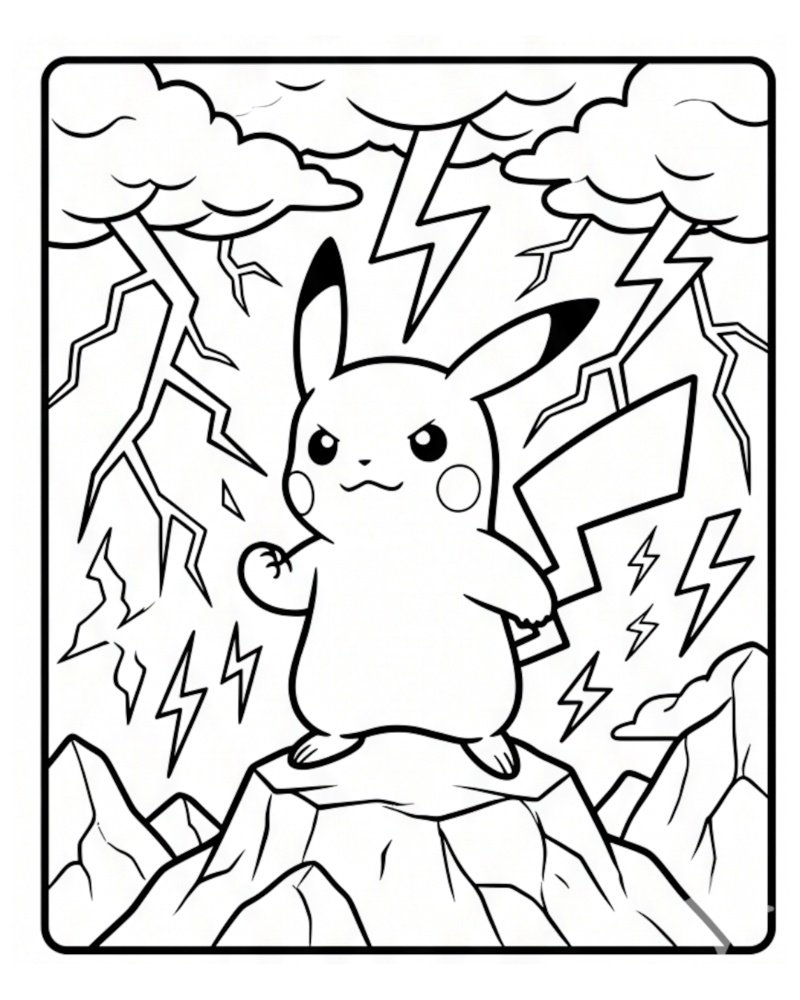 Black and white drawing of a determined Pikachu standing on a mountain peak, surrounded by fierce lightning bolts and clouds