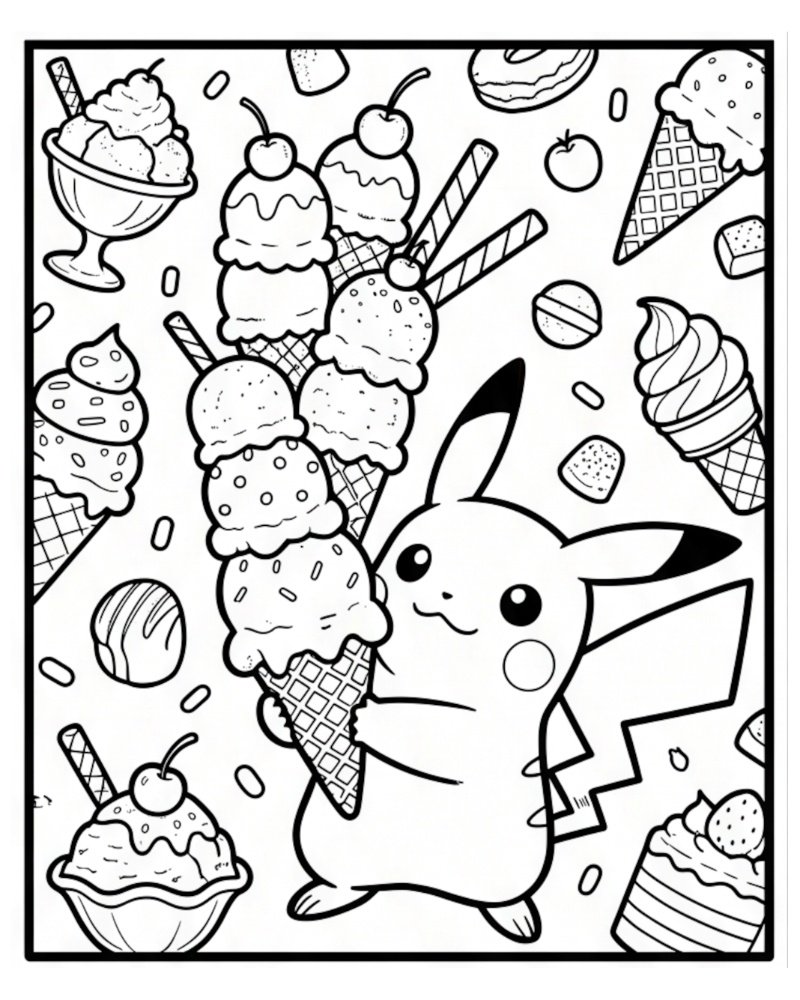 Coloring page of a smiling Pikachu holding an incredibly tall ice cream cone with many scoops, surrounded by sweet treats