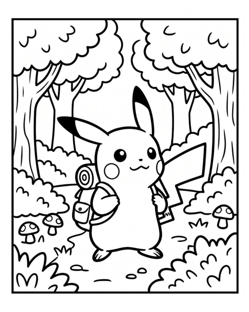 Line art of Pikachu wearing a hiking backpack, walking on a dirt forest trail surrounded by tall trees and small mushrooms