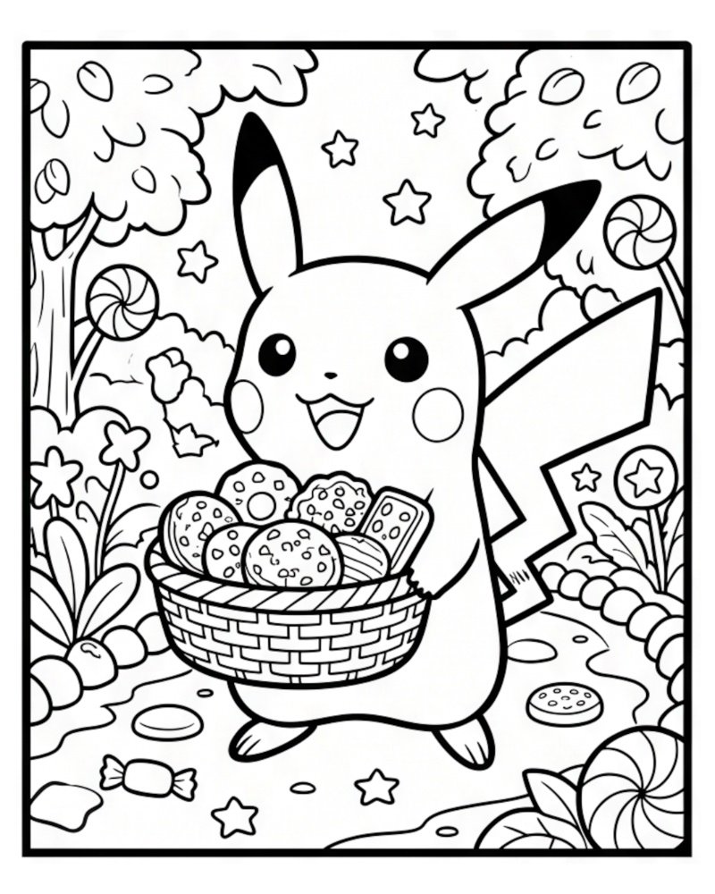 Coloring page of a delighted Pikachu holding a large woven basket completely filled with chocolate chip and sugar cookies