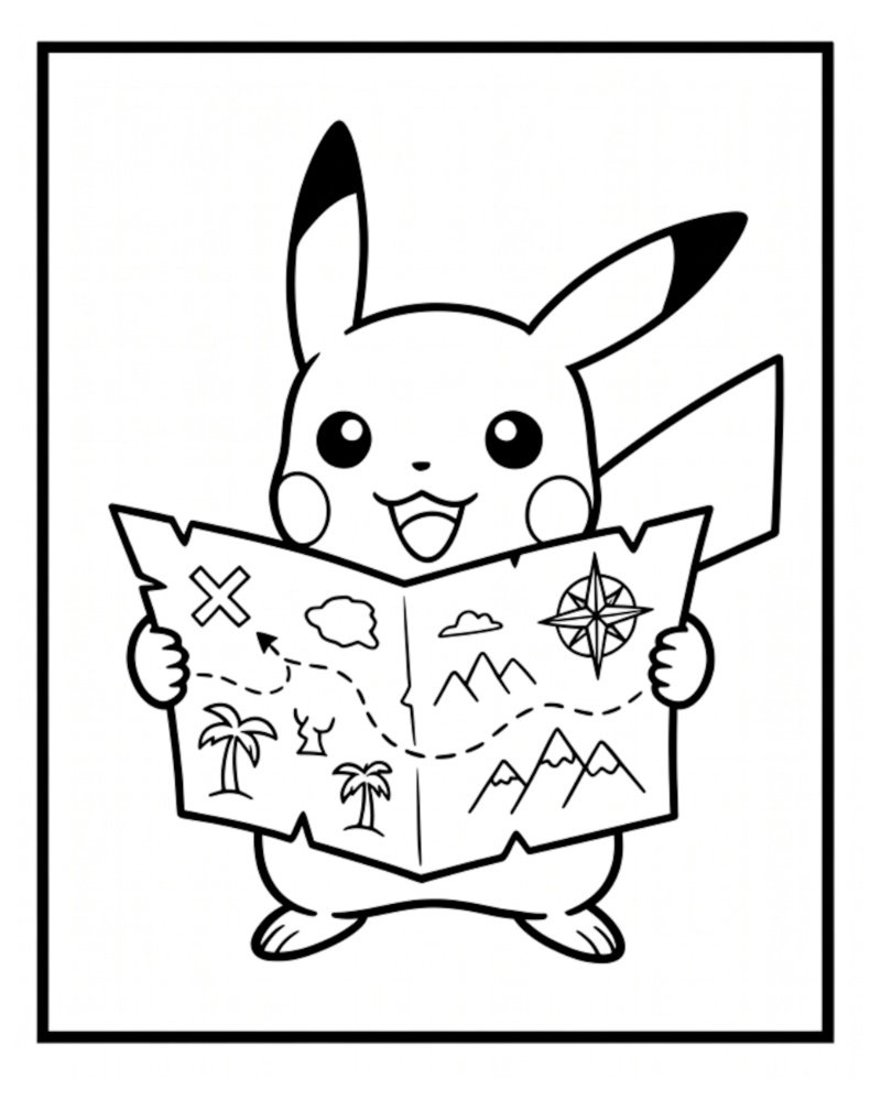 Outline drawing of a smiling Pikachu holding open a large pirate treasure map featuring a compass, mountains, and an X