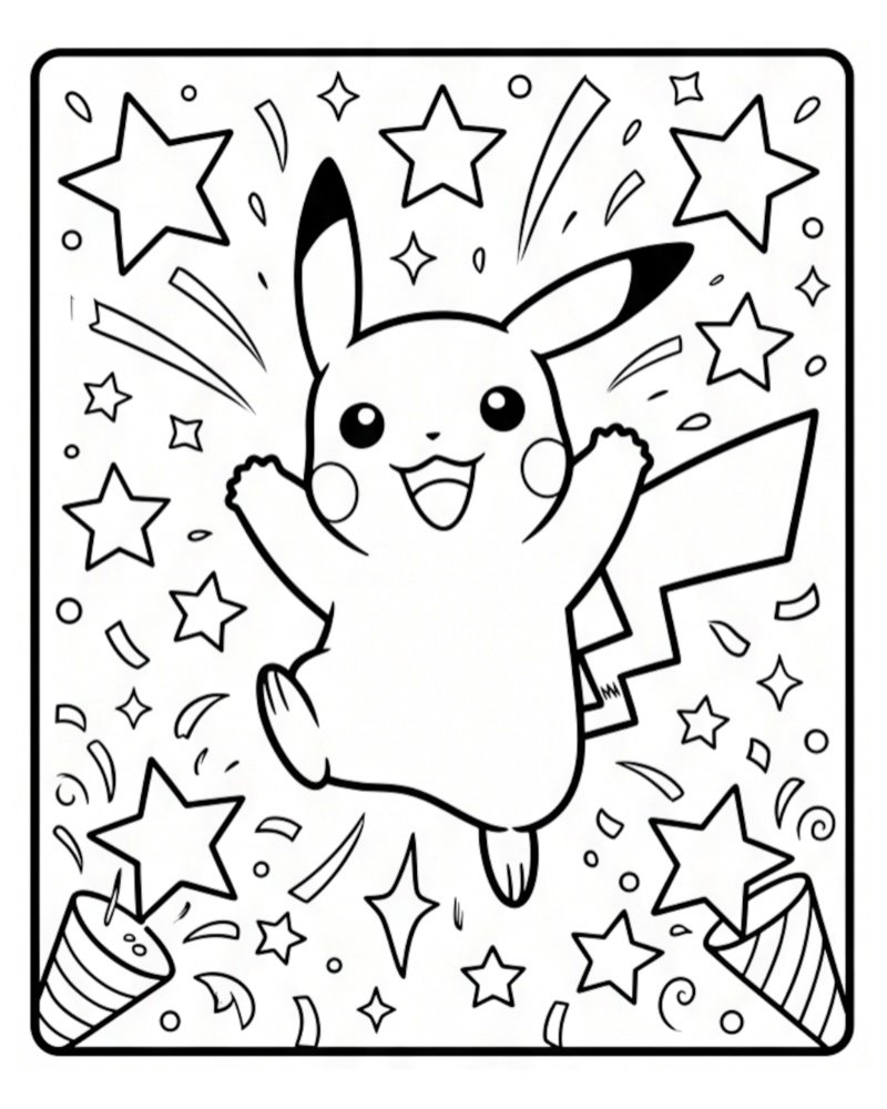 Coloring page showing a joyful Pikachu leaping into the air, surrounded by bursting party poppers, falling confetti, and stars