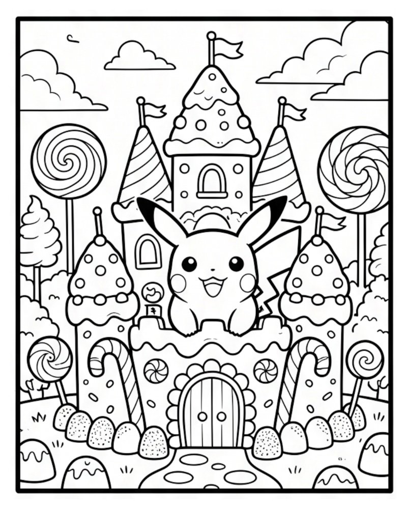 Cute Pikachu smiling inside a magical castle made entirely of sweet treats like lollipops, candy canes, and icing roofs