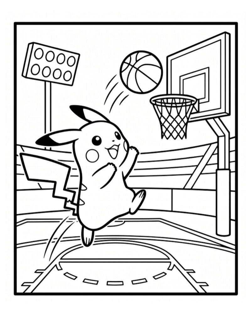 Coloring page showing an energetic Pikachu jumping high to shoot a basketball into a hoop at an indoor stadium court