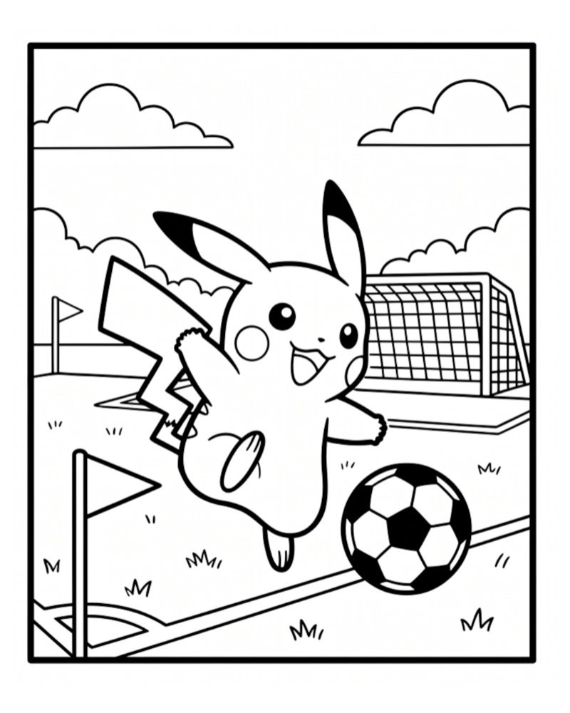 Black and white drawing of a joyful Pikachu kicking a classic soccer ball on a grassy field with a goal net behind it