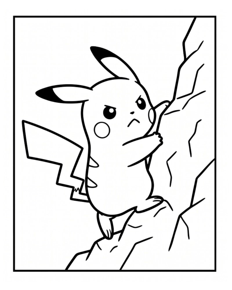 Outline drawing of a determined Pikachu bravely climbing up the side of a steep, rugged rock face or mountain cliff