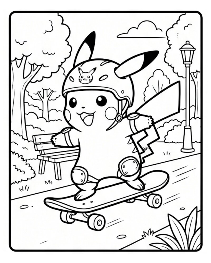 Line art of a smiling Pikachu wearing a safety helmet and knee pads, riding a skateboard on a path through a sunny park