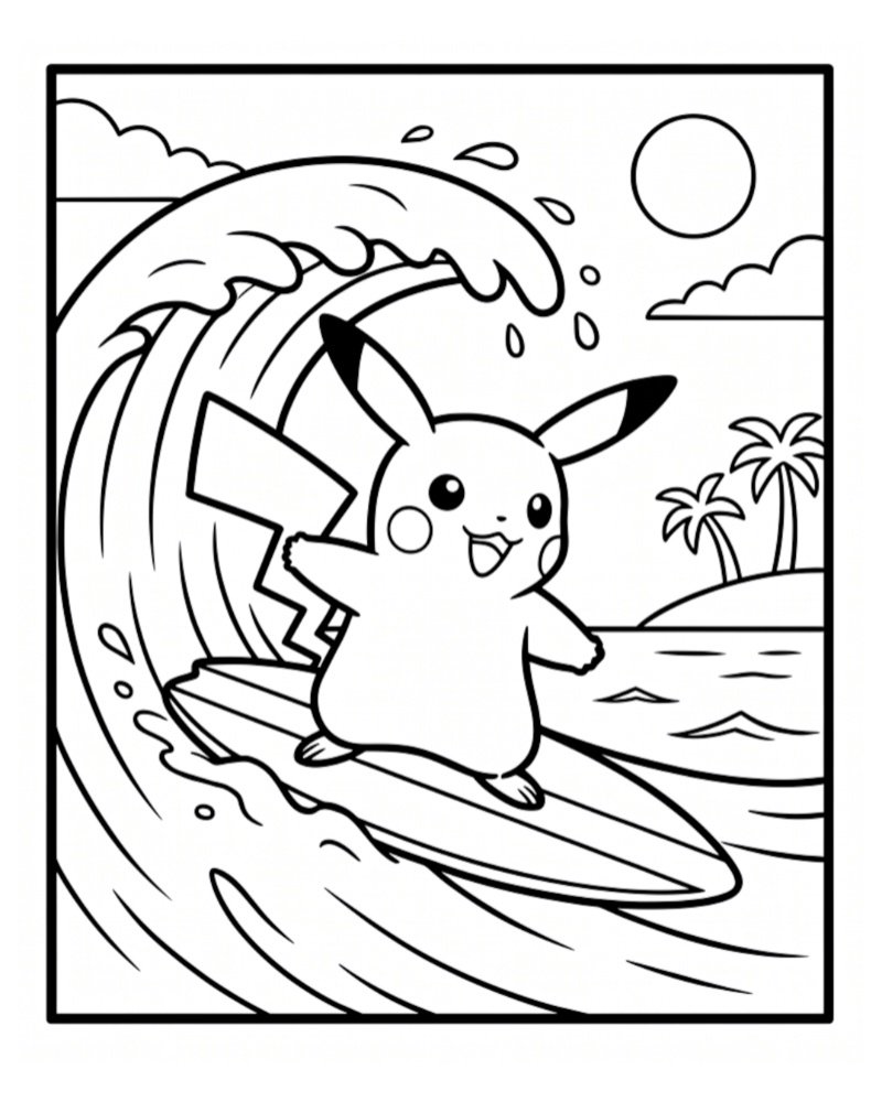 Coloring page of a smiling Pikachu riding a surfboard on a large ocean wave, with palm trees and a bright sun behind it