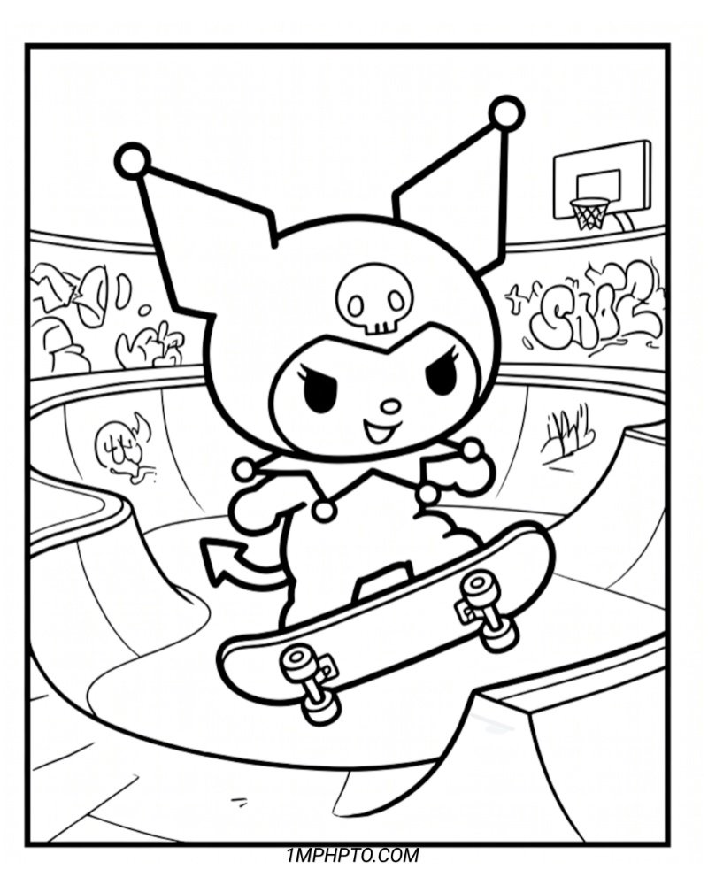 Coloring sheet featuring Kuromi doing a cool trick on her skateboard inside a skatepark bowl with graffiti