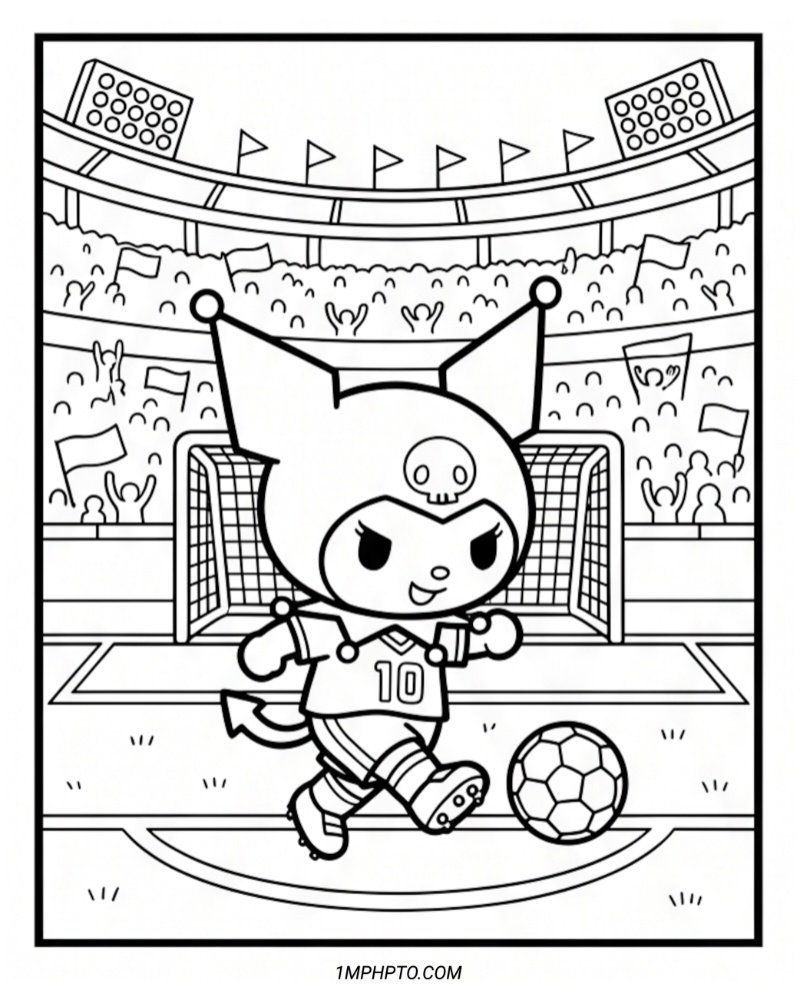 Line art of Kuromi playing soccer in a packed stadium wearing a jersey with the number ten on it