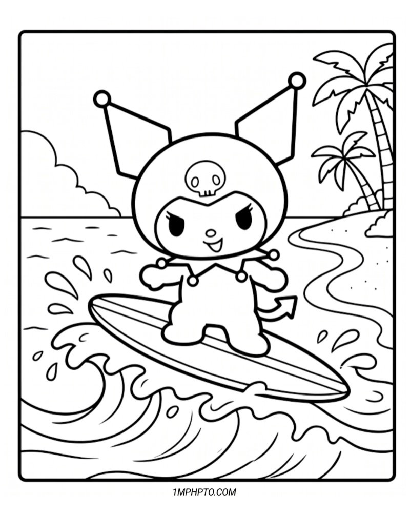Coloring picture of Kuromi riding a surfboard on a big ocean wave with a tropical beach in the background