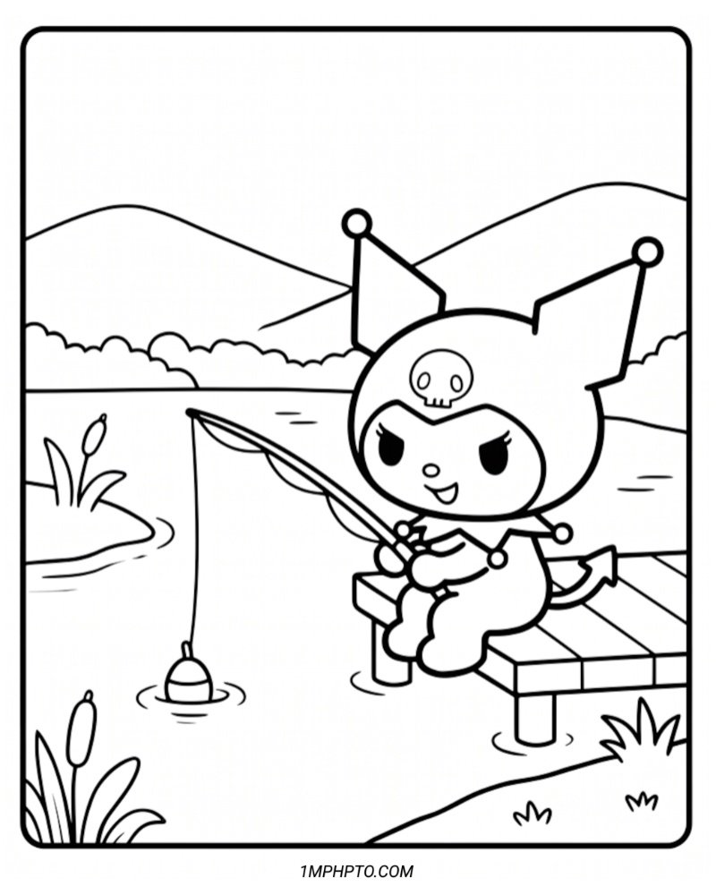 Coloring outline of Kuromi sitting peacefully on a wooden dock with a fishing rod by a quiet pond and hills